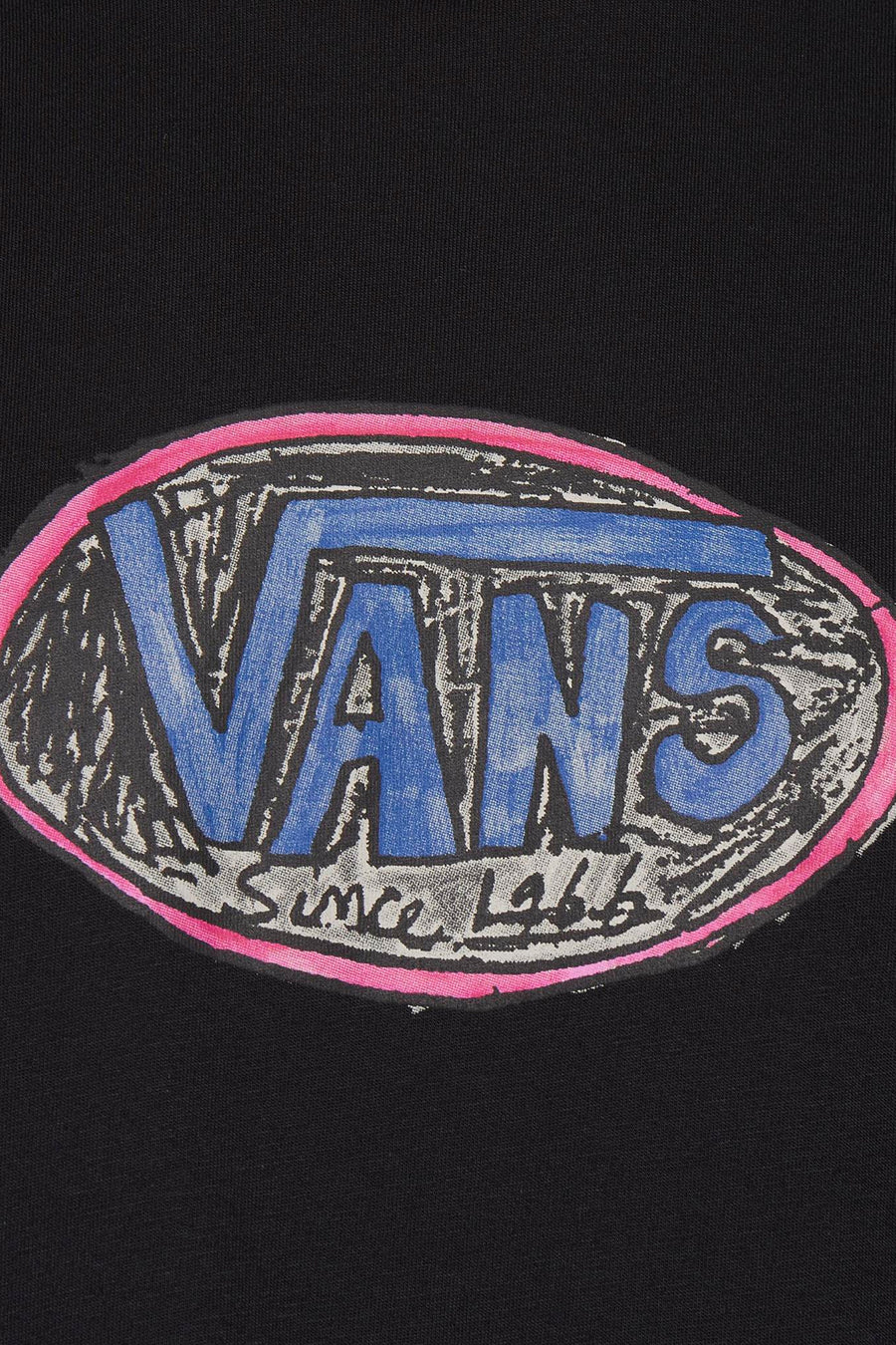 Zwart T-shirt met korte mouwen van VANS “OFF THE WALL”, met een ovale logoprint in blauw en roze.