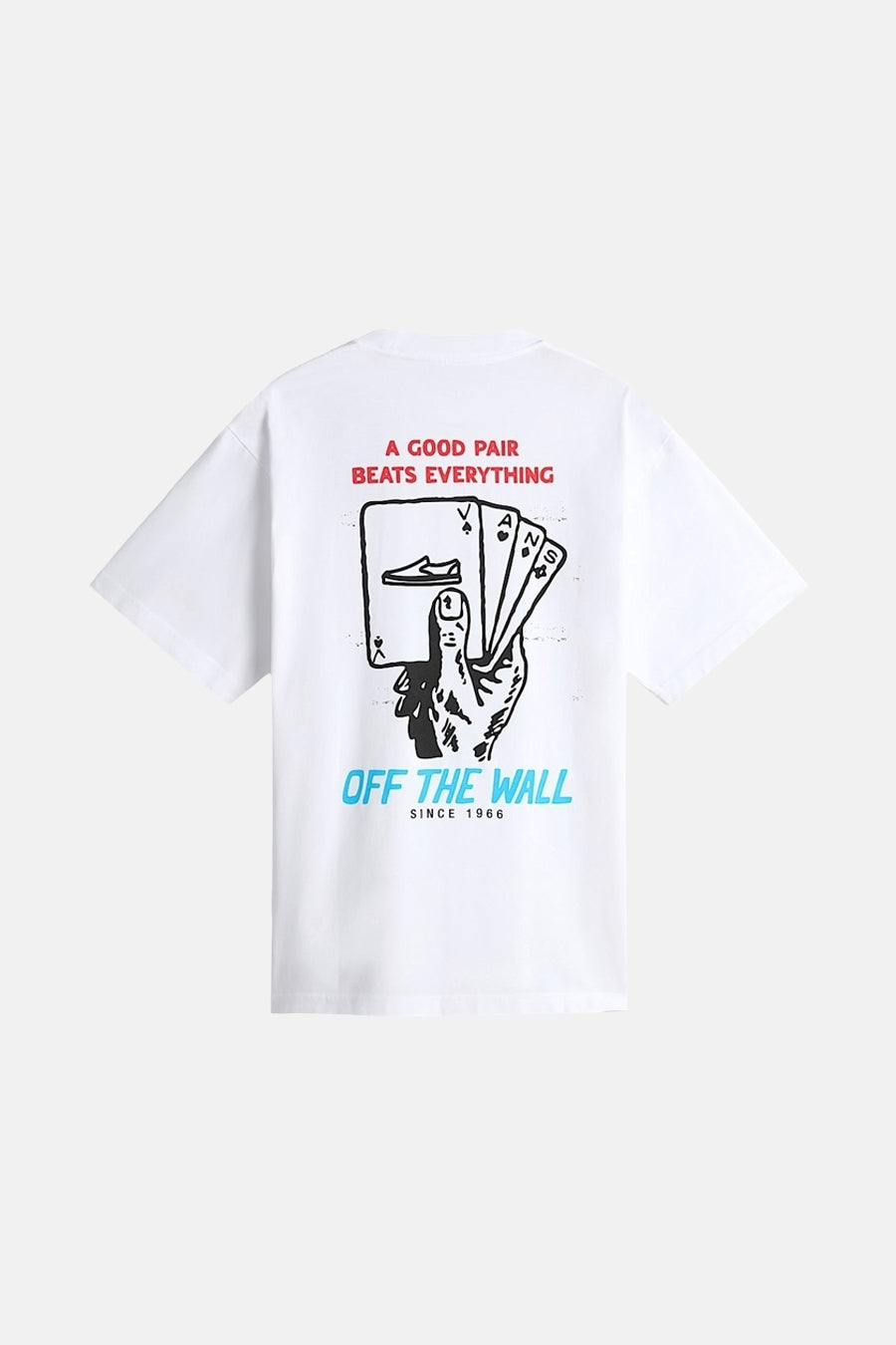 Wit T-shirt met korte mouwen van Vans, met een opdruk van een hand met speelkaarten op de rug.