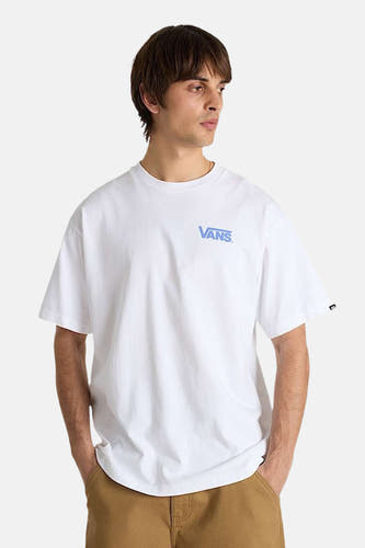 T-shirt blanc à manches courtes de VANS, avec un petit logo bleu sur la poitrine.