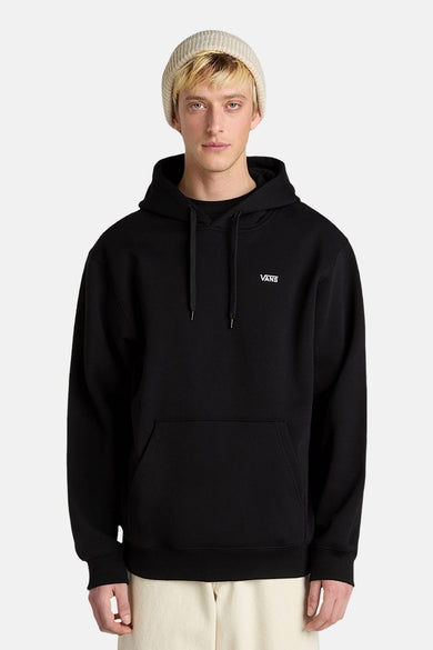 Gilet noir avec capuche Vans, avec impression de logo blanc et un bonnet beige.
