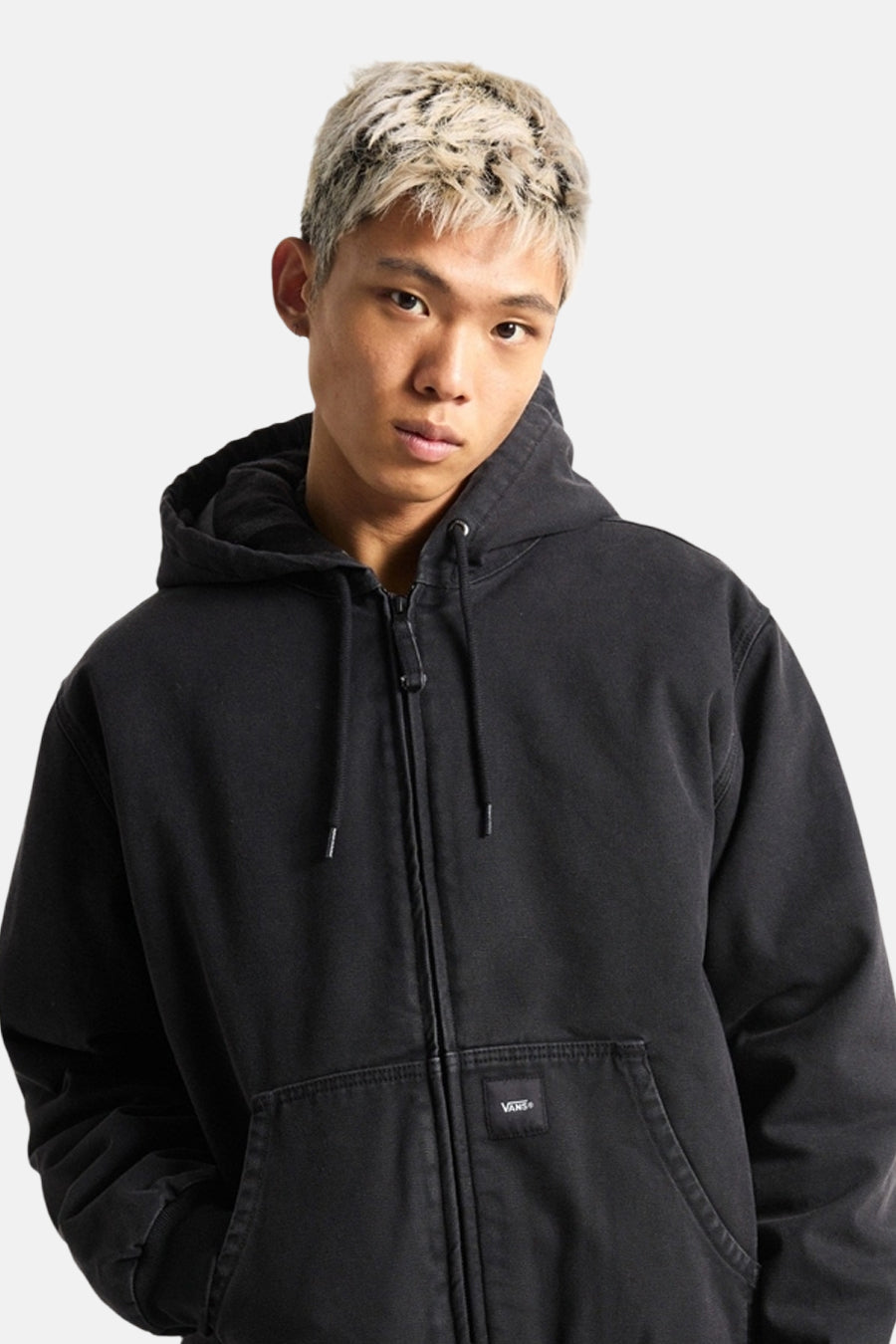 Manteau court noir de VANS "OFF THE WALL" avec capuche, fermeture éclair et poches.