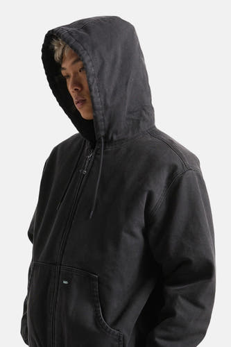 Manteau court noir de VANS "OFF THE WALL", avec capuche et poche à l'avant.