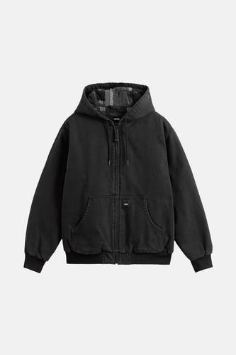 Manteau court noir de VANS "OFF THE WALL", avec capuche et motif de lunettes à l'intérieur.
