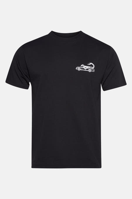 T-shirt noir à manches courtes de VANS "OFF THE WALL" avec un imprimé d'une voiture avec un scorpion.