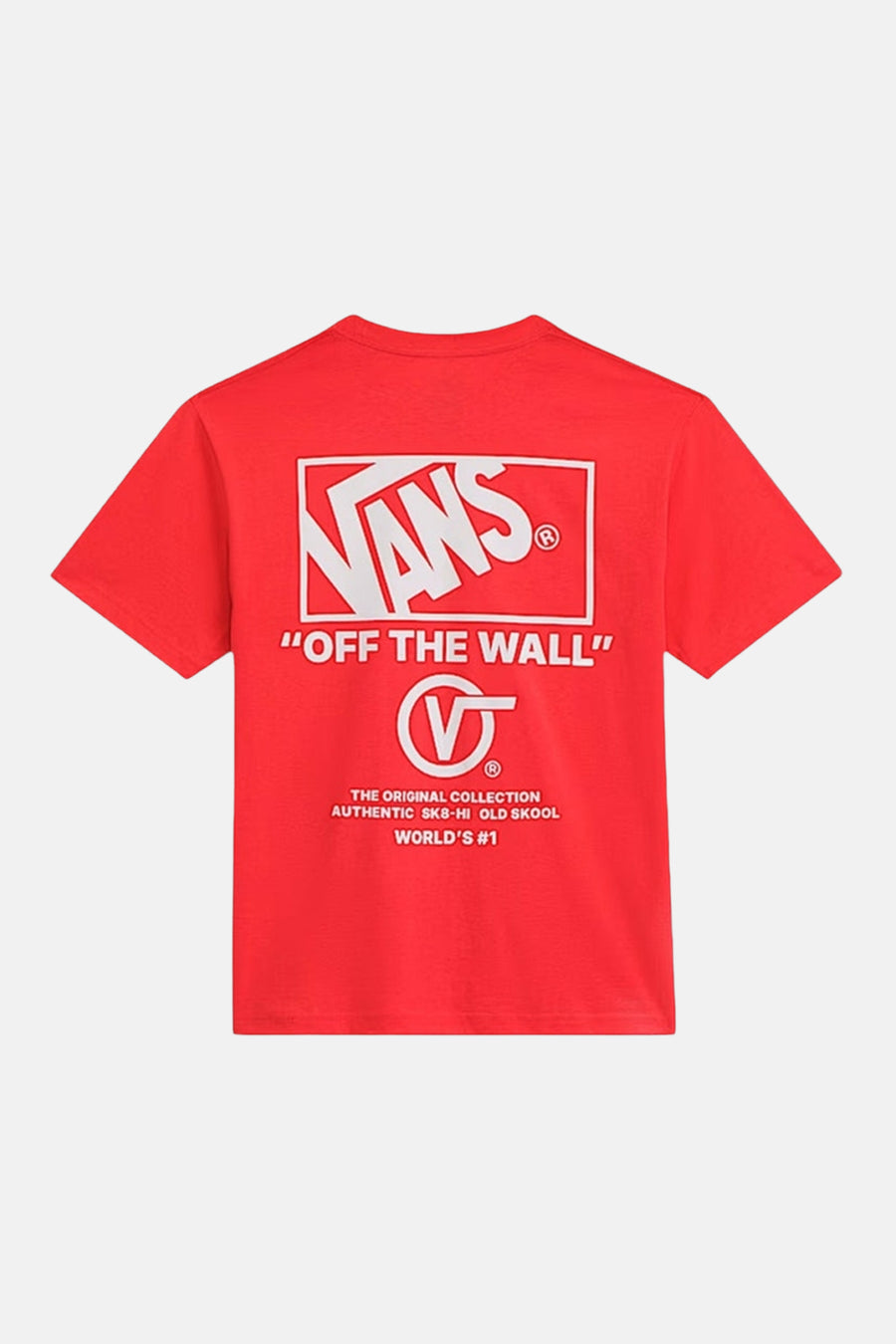 T-shirt rouge à manches courtes VANS "OFF THE WALL" avec logo et texte au dos.
