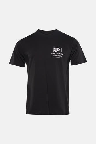 T-shirt noir VANS "OFF THE WALL", porté avec un jean déchiré et des baskets.