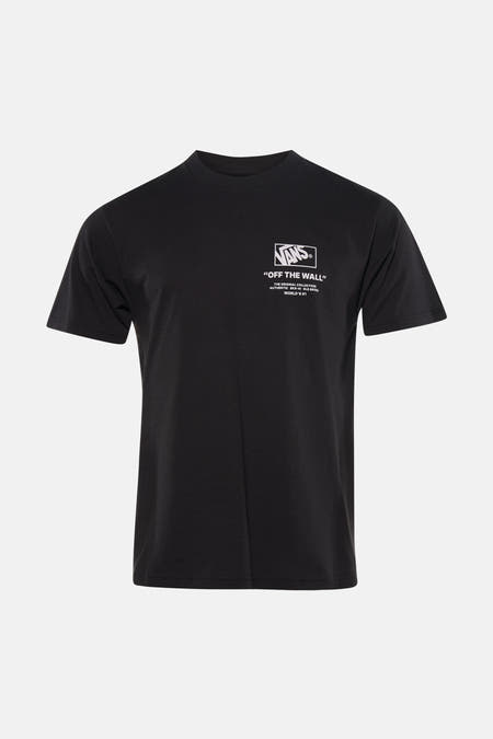 T-shirt noir VANS "OFF THE WALL", porté avec un jean déchiré et des baskets.