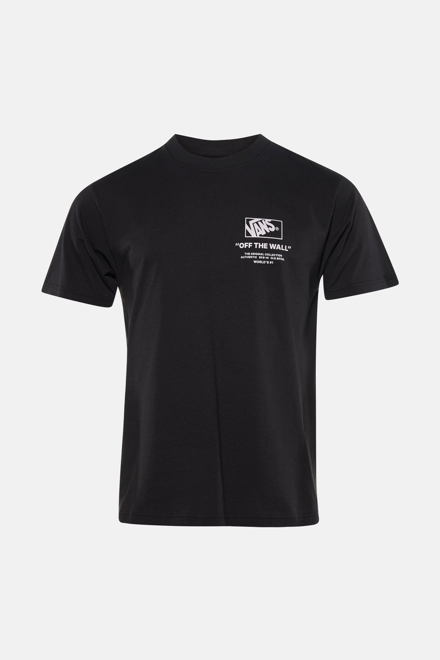 T-shirt noir VANS "OFF THE WALL", porté avec un jean déchiré et des baskets.
