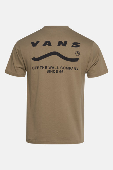 Olijfgroen T-shirt met Vans-opdruk op de rug.