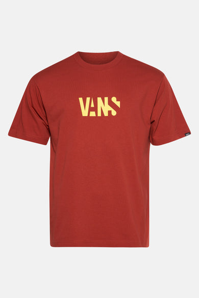 T-shirt rouge à manches courtes de VANS, avec logo jaune sur l'avant.