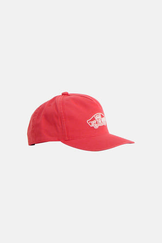 Casquette rouge VANS "OFF THE WALL" avec logo blanc sur l'avant, en vue de côté.