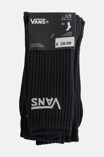 Chaussettes noires VANS "OFF THE WALL" avec des rayures et une impression de logo, emballées avec un étiquette de prix.