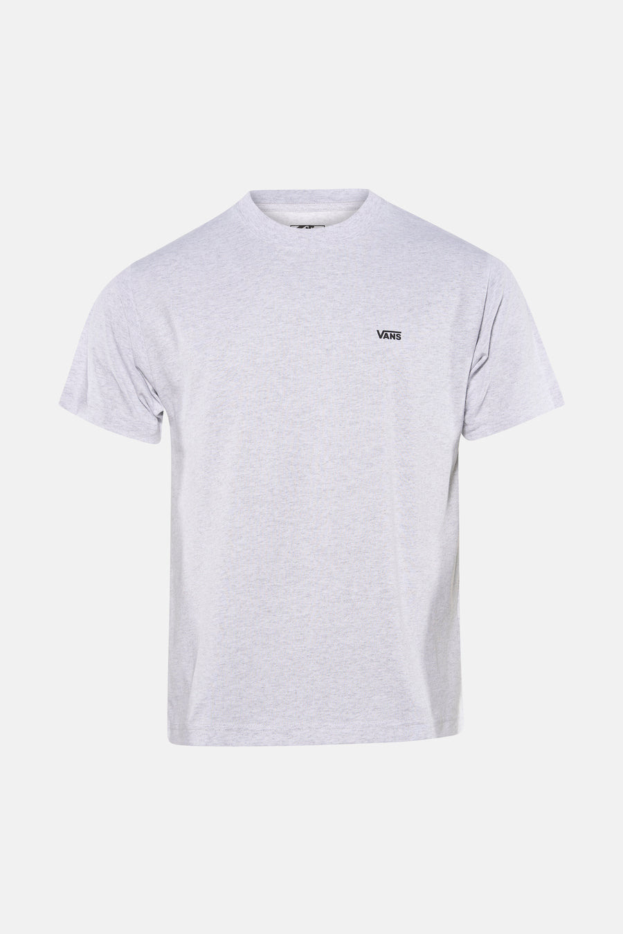 T-shirt gris VANS "OFF THE WALL" à manches courtes, porté avec un jean bleu déchiré et des baskets bleues.