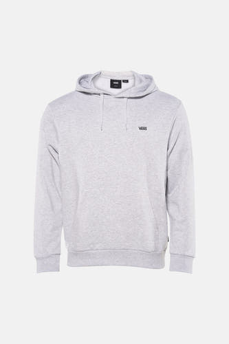 Sweat à capuche gris VANS "OFF THE WALL", avec un petit logo sur la poitrine, combiné avec un jean bleu déchiré et des baskets grises.