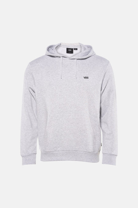 Sweat à capuche gris VANS "OFF THE WALL", avec un petit logo sur la poitrine, combiné avec un jean bleu déchiré et des baskets grises.