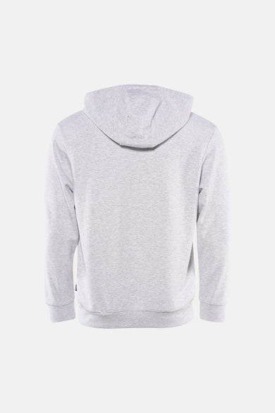Grijze sweater met kap van VANS "OFF THE WALL", met lange mouwen en effen design, gezien van achteren.