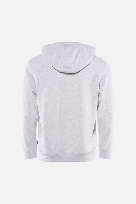 Grijze sweater met kap van VANS "OFF THE WALL", met lange mouwen en effen design, gezien van achteren.