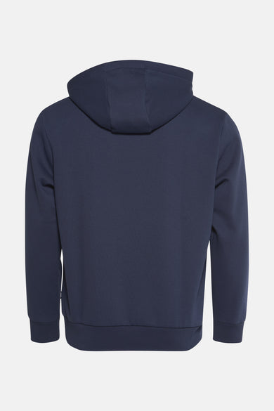 Pull-over bleu avec capuche VANS "OFF THE WALL", vu de derrière, d'une couleur unie et de longues manches.