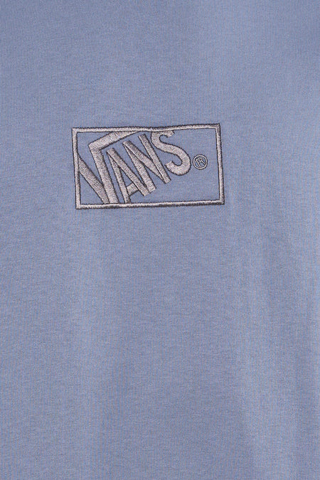 T-shirt bleu VANS "OFF THE WALL" avec logo brodé dans un carré.