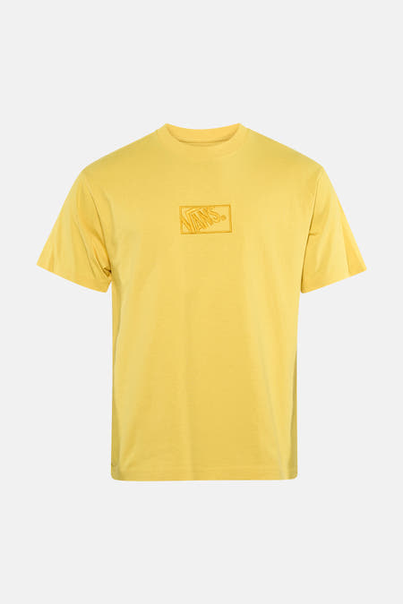 T-shirt jaune de Vans avec un logo carré imprimé sur la poitrine.