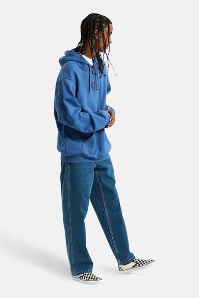 Pull-over bleu avec capuche Vans "Off The Wall", à longues manches et un logo sur la poitrine.