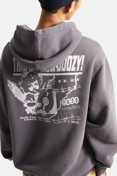 Gilet gris avec capuche VANS "OFF THE WALL", avec une impression graphique d'un ange et le logo sur le dos.