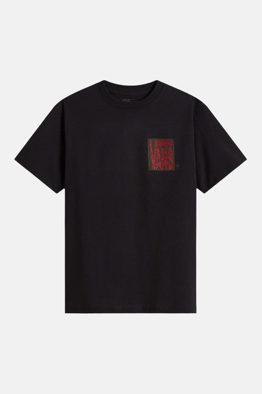 T-shirt noir à manches courtes VANS "OFF THE WALL" avec imprimé graphique au dos "OFF THE WALL" et "VANS" en beige, vert foncé et rouge, dos montré.