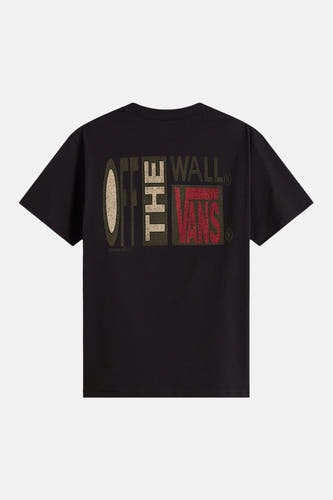Zwart T-shirt met korte mouwen van VANS “OFF THE WALL” met grafische rugprint "OFF THE WALL" en "VANS" in beige, donkergroen en rood, achterzijde getoond.