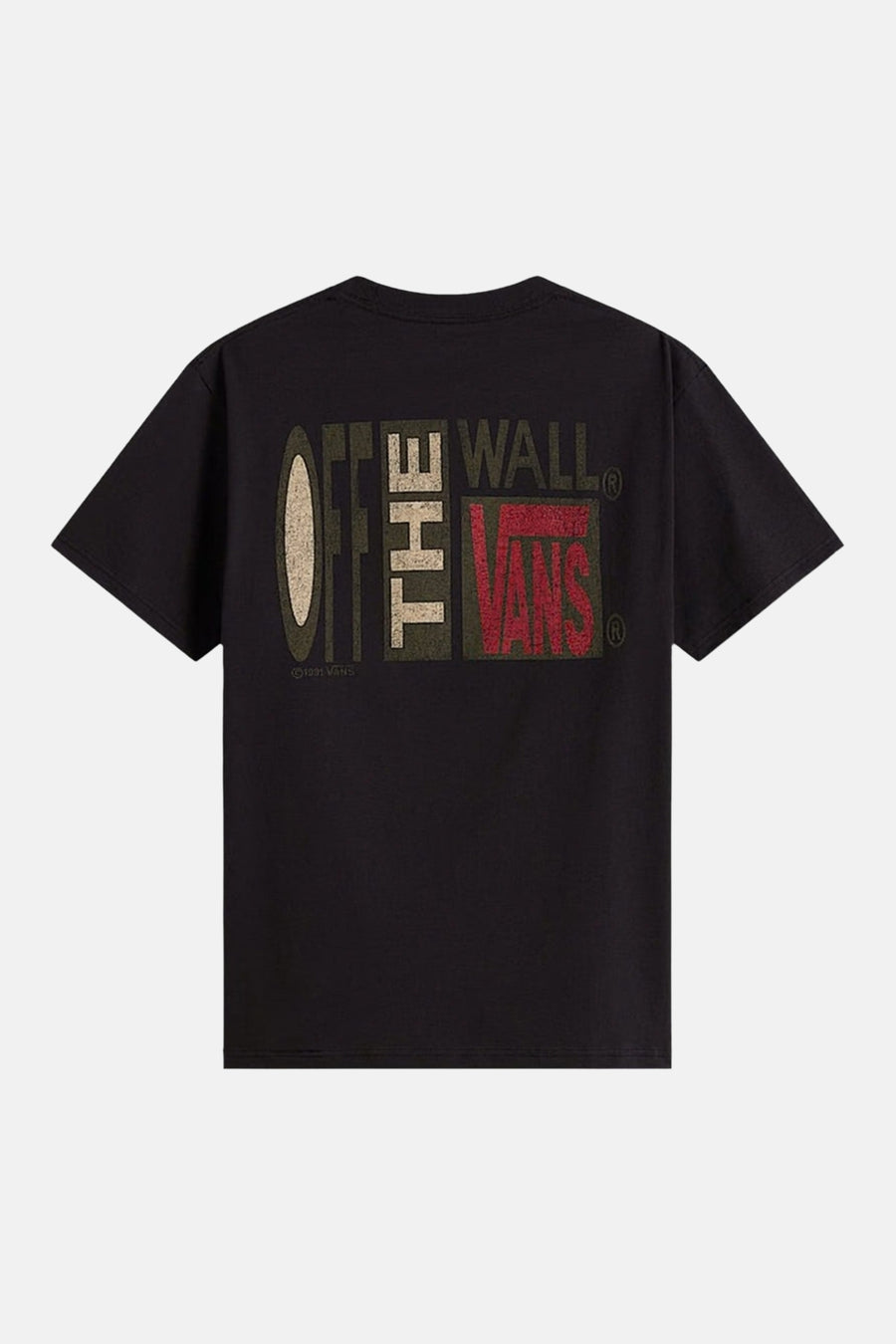 Zwart T-shirt met korte mouwen van VANS “OFF THE WALL” met grafische rugprint "OFF THE WALL" en "VANS" in beige, donkergroen en rood, achterzijde getoond.