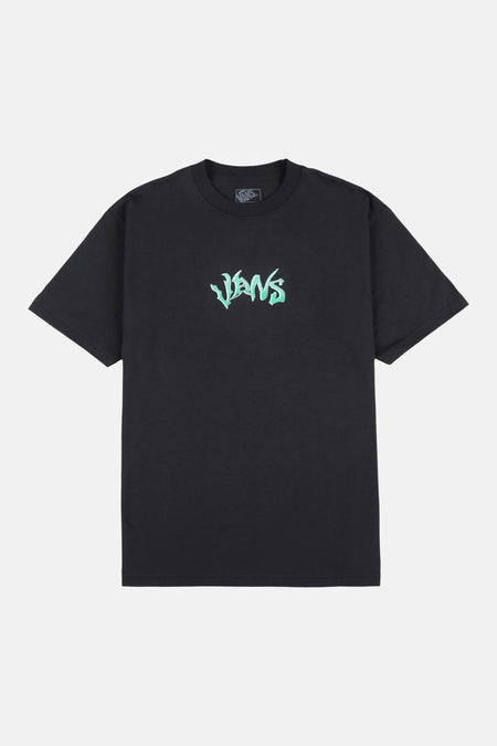 T-shirt noir à manches courtes VANS "OFF THE WALL", avec logo vert sur la poitrine.