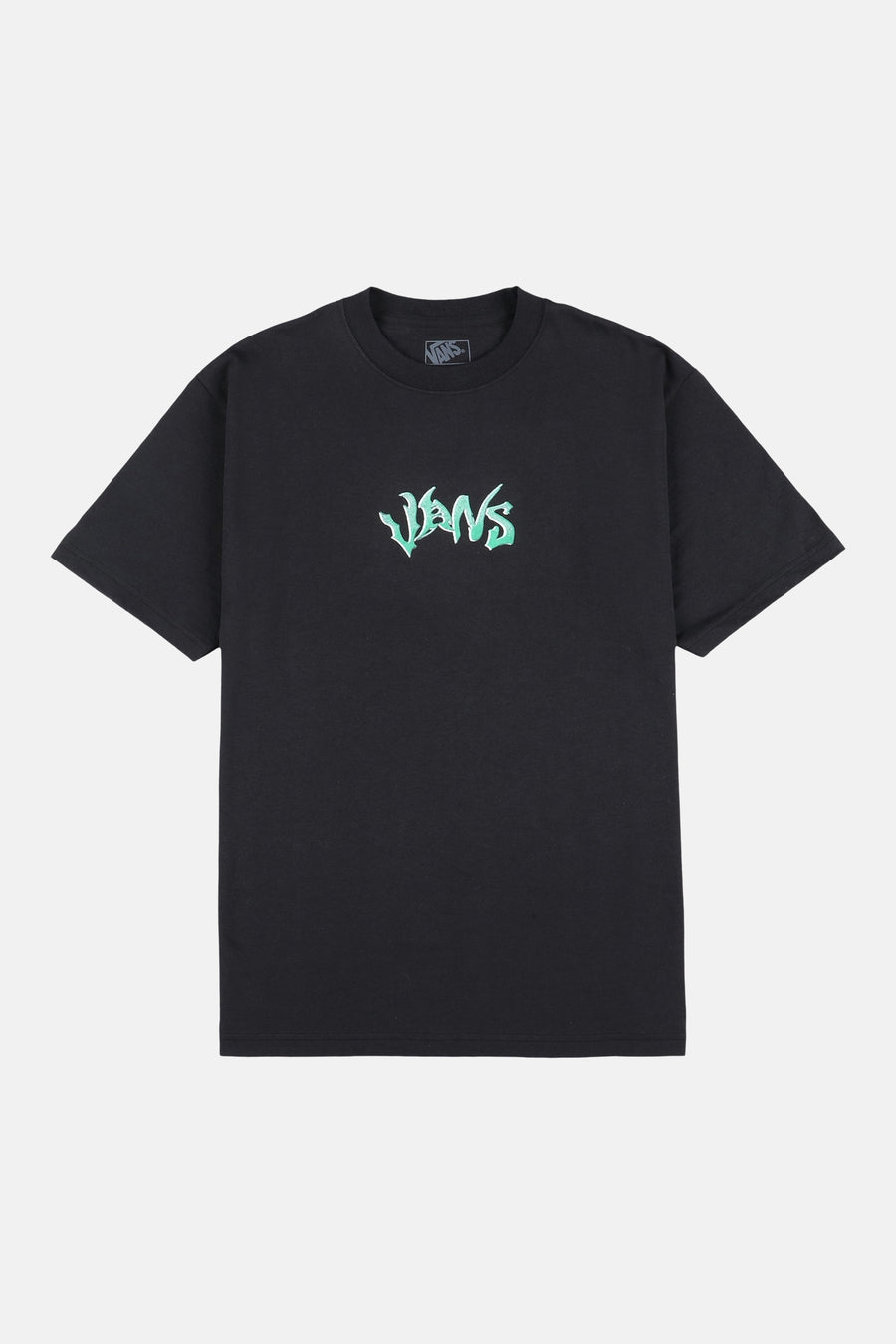 T-shirt noir à manches courtes VANS "OFF THE WALL", avec logo vert sur la poitrine.
