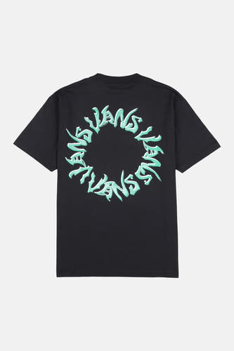 T-shirt noir VANS "OFF THE WALL" avec un imprimé graphique circulaire dans le dos.