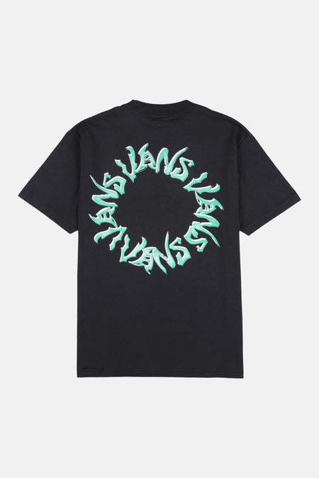 T-shirt noir VANS "OFF THE WALL" avec un imprimé graphique circulaire dans le dos.