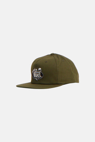 Casquette verte VANS "OFF THE WALL" avec logo brodé blanc et noir incluant "Since 1966", un crâne et diverses figures, vue latérale.