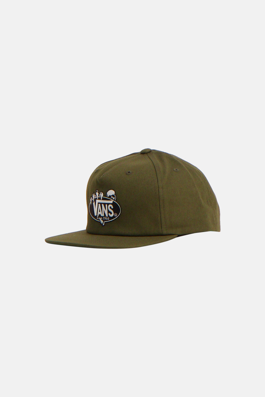 Casquette verte VANS "OFF THE WALL" avec logo brodé blanc et noir incluant "Since 1966", un crâne et diverses figures, vue latérale.