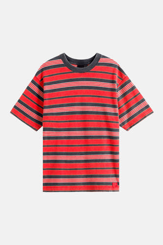 T-shirt multicolore à manches courtes VANS "OFF THE WALL", avec des rayures horizontales rouges et grises.