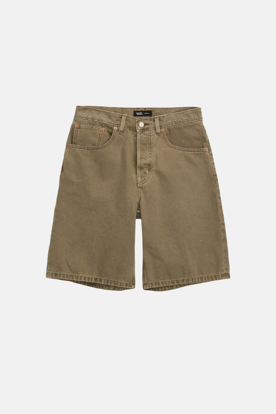 Short en jean de couleur vert olive VANS "OFF THE WALL" à cinq poches, fermeture à boutons et surpiqûres contrastées.
