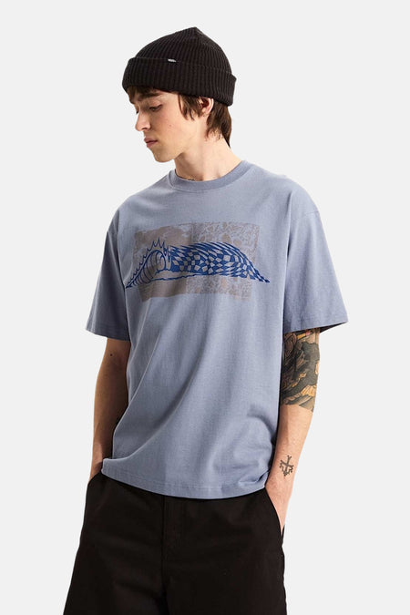 T-shirt bleu à manches courtes VANS "OFF THE WALL", avec un imprimé graphique d'une vague.