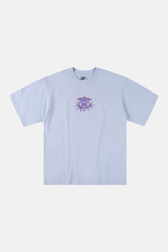 T-shirt bleu VANS "OFF THE WALL" avec un motif de logo coloré centré sur la poitrine.