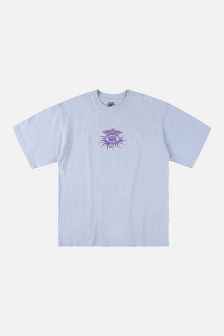 T-shirt bleu VANS "OFF THE WALL" avec un motif de logo coloré centré sur la poitrine.