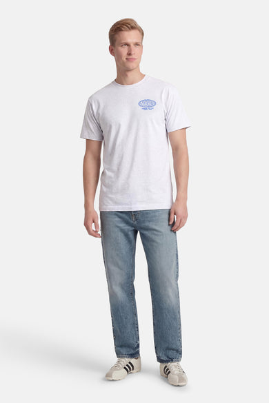 T-shirt gris VANS "OFF THE WALL", à manches courtes et avec un imprimé bleu sur la poitrine.