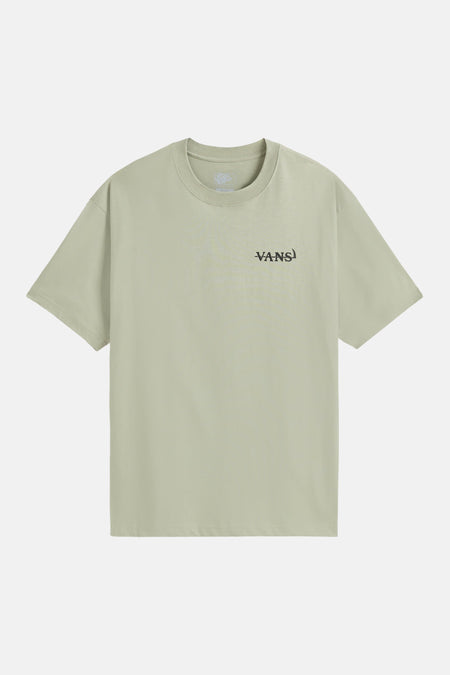 T-shirt vert clair de VANS avec un logo noir '-VANS)' sur la poitrine.