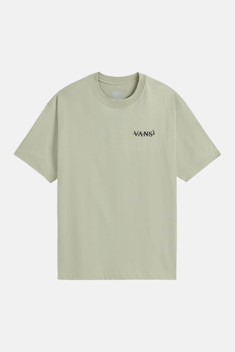 T-shirt vert clair de VANS avec un logo noir '-VANS)' sur la poitrine.
