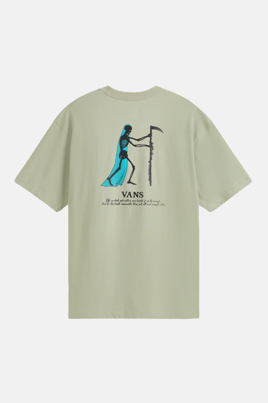T-shirt vert de VANS avec un imprimé dorsal d'un squelette sombre dans une cape bleue avec une faux et le logo VANS.
