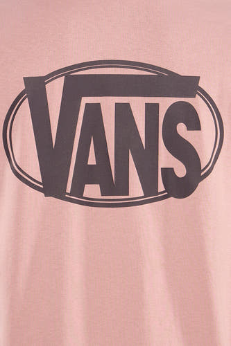 T-shirt rose VANS "OFF THE WALL" avec un grand logo dans un ovale sur la poitrine.