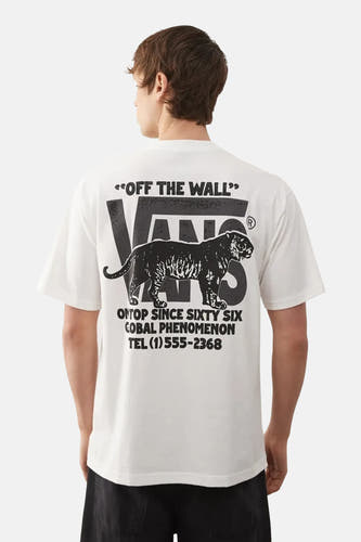 T-shirt blanc à manches courtes VANS "OFF THE WALL", avec imprimé noir d'un tigre et texte au dos.