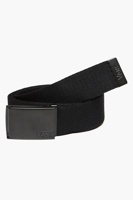 Ceinture noire de Vans, avec une boucle métallique et des détails de logo.