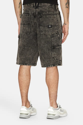 Zwarte denim short van VANS "OFF THE WALL", met zakken en grijze gewassen textuur.
