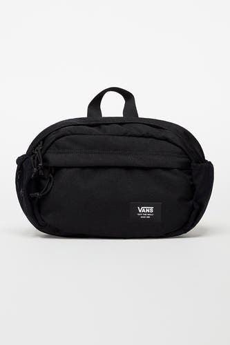 Sac à dos noir VANS "OFF THE WALL", avec une poignée en haut et une corde de tirage sur le côté.
