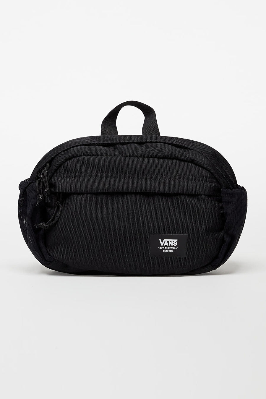 Sac à dos noir VANS "OFF THE WALL", avec une poignée en haut et une corde de tirage sur le côté.